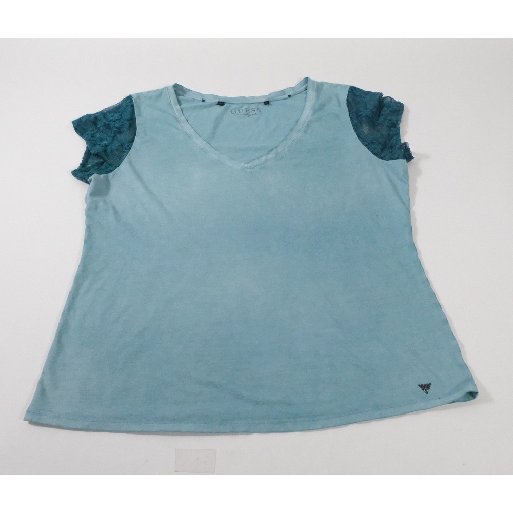 Guess Top Womens XL Blue Los Angeles Lace Cap Sleeve V-Neck Rhinestone Logo Tee